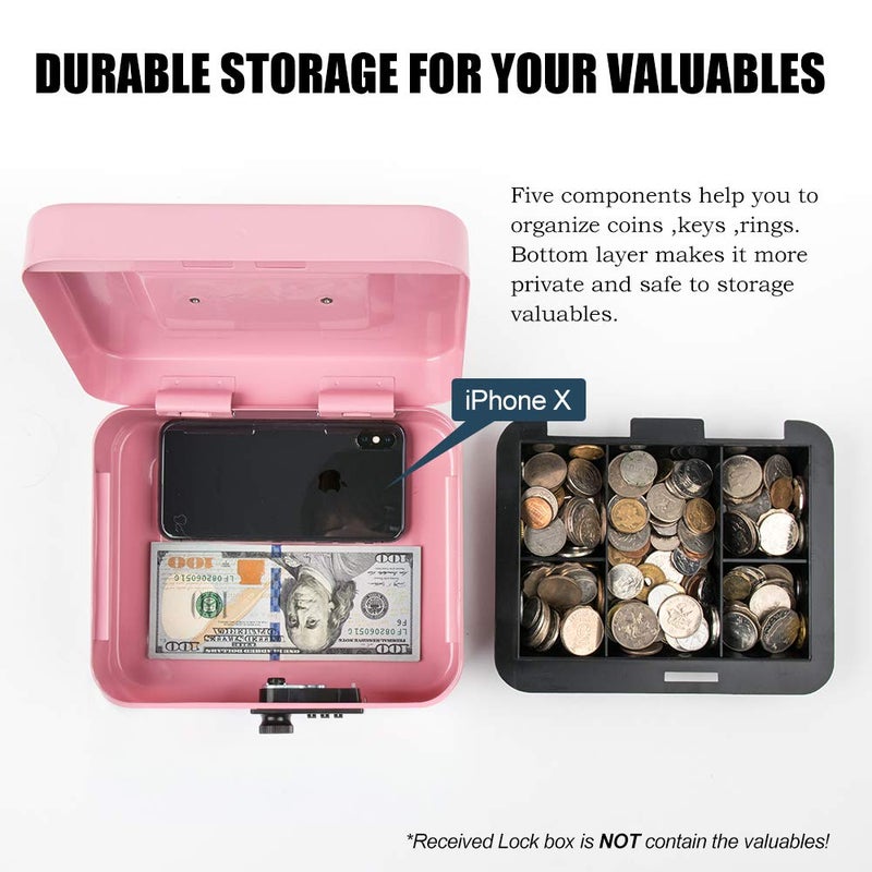 KYODOLED Medium Cash Box with Combination Lock Safe Metal Money Box with Money Tray for Security Lock Box 7.87x 6.30x 3.54Inch Pink Medium - Image 2
